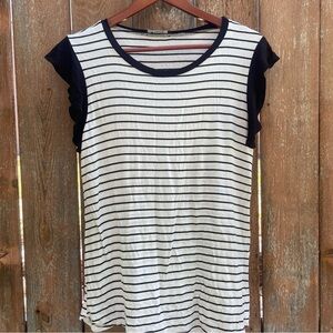 BOM BOM Women’s Black White Stripe Short Ruffle Sleeve Shirt Size Medium